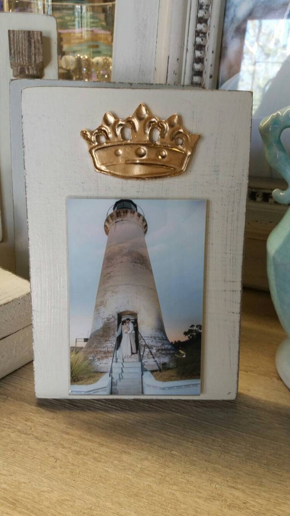 Handmade Wood Frame 4x6 Photo Painted Off White Distressed With A Gold Leaf Crown.