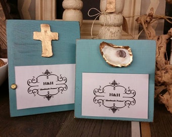 Handmade Wood Frame 4x6 Photo Painted With A Gold Leaf Cross - Wedding - Baby - Baptism - House Warming Gift.