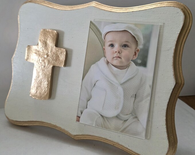 Featured listing image: Shaped Frame Gold Large Crown 4x6 Photo Frame Painted Oyster White  Distessed - Baby Gift- Wedding- Birthday- Hostess.