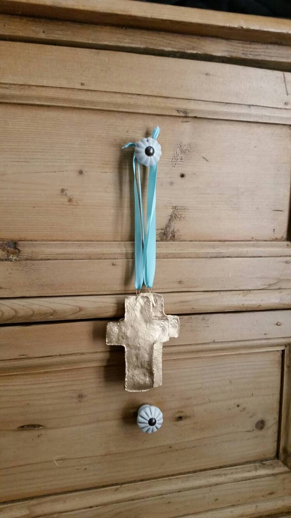 Gold Finish - Handmade Large Clay Hanging Cross - Ornaments Or Gift Tags - Hostess Gift- Housewarming- Blue Ribbon.