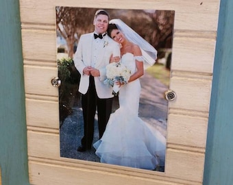 Handmade Picture Frame - to hold 5x7 photo.  Turquoise aged finish with white beadboard wood mat.