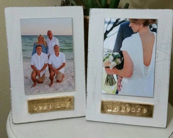 Handmade Wood Frame 4x6 Photo Painted Off White Distressed With A Gold Leaf Personalized Plaque -Best Day - My Heart - Gift.