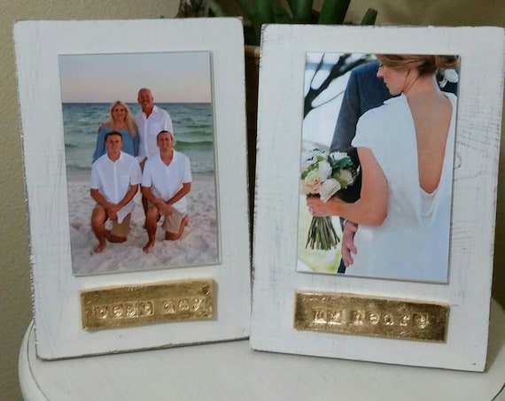Handmade Wood Frame 4x6 Photo Painted Off White Distressed With A Gold Leaf Personalized Plaque -Best Day - My Heart - Gift.