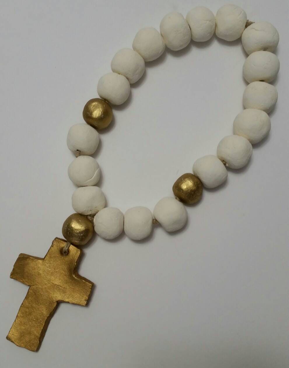 White Blessing Beads Clay Handmade With Gold Leaf And Cross Wedding
