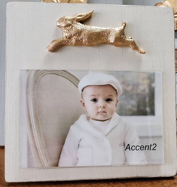 Handmade Distressed Photo Frame: Grey & Gold Rabbit, 4x6 Baby Picture