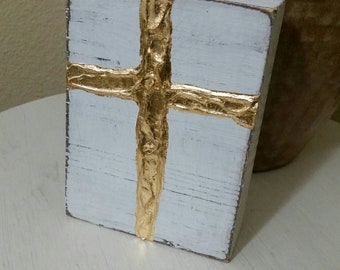Hand Painted Wooden Gold Cross Block