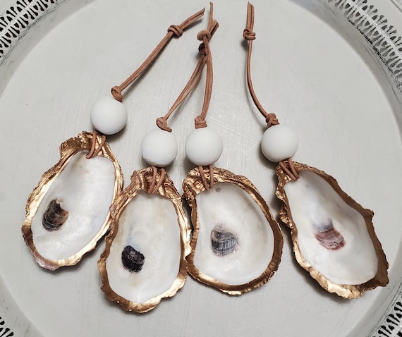 Handmade Gold Leaf Oyster Shell Ornament with Wood Bead