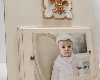 Handmade Wood Frame Oyster White  - Distressed aged finish with Tile and Gold Leaf Fleur-de-lis - Wedding - Baby - House Warming Gift
