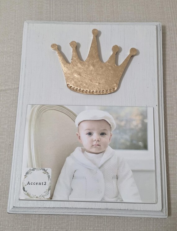 Handmade Frame with Large Gold Leaf Crown 5x7 Horizontal Photo Baby Gift, Wedding, Mardi Gras.