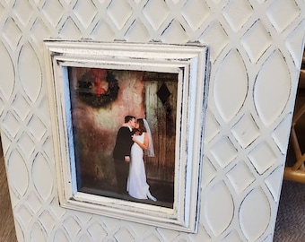 Distressed Handmade Picture Frame - Painted White / Embossed Metal 8x10 Photo - Great Gift Idea - For Nursery or Family Room - Wedding Gift.