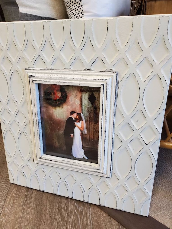 Distressed Handmade Picture Frame - Painted White / Embossed Metal 8x10 Photo - Great Gift Idea - For Nursery or Family Room - Wedding Gift.