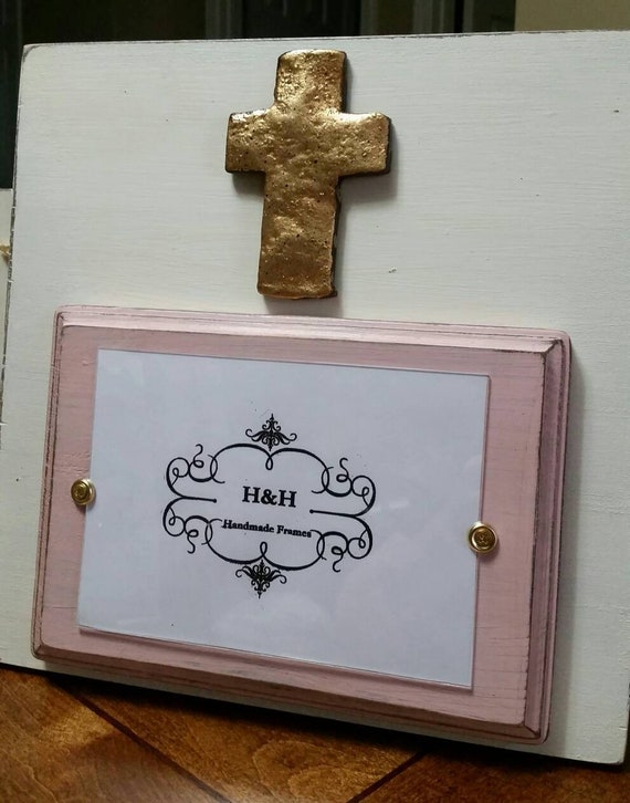 Distressed Wood Picture Frame: White, Pink & Gold Cross - 5x7