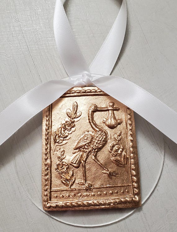 Stork and Baby Gold Leaf Intaglio Ornament: Christening Gift