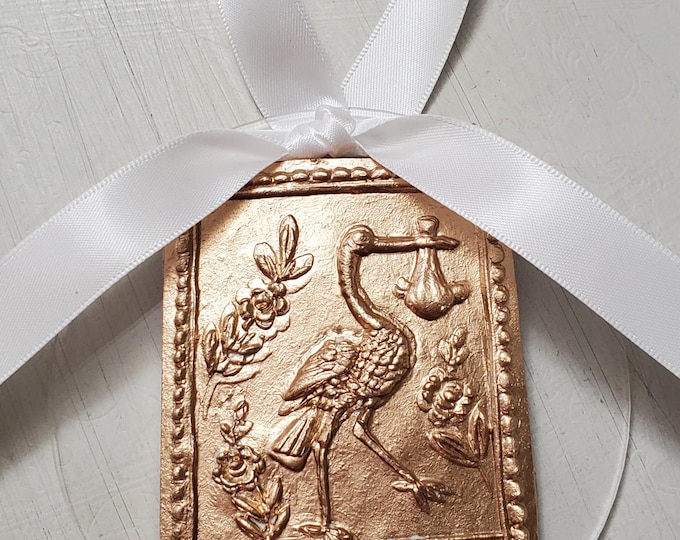 Featured listing image: Stork and Baby Gold Leaf Intaglio Ornament: Christening Gift