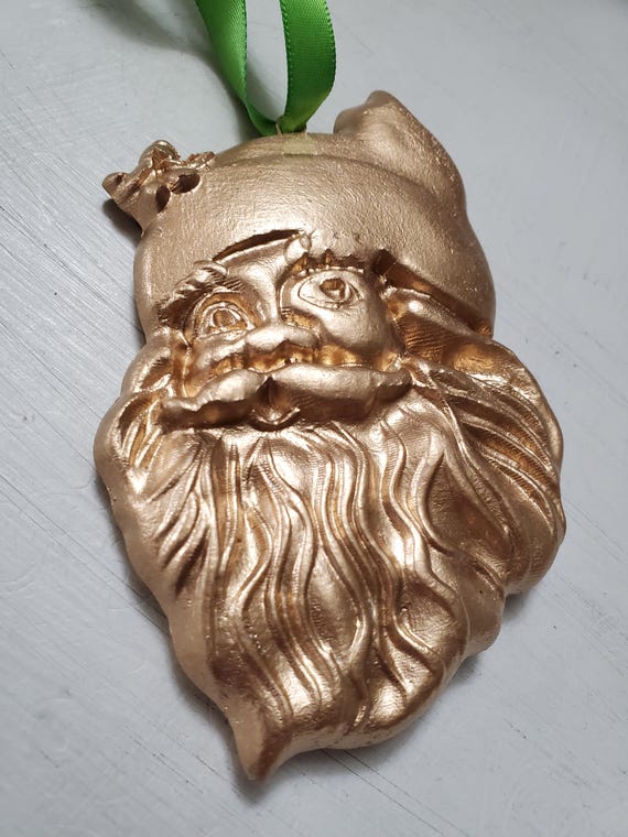 Gold Leaf Handmade Clay Santa Head - Christmas Ornament or Gift Tag