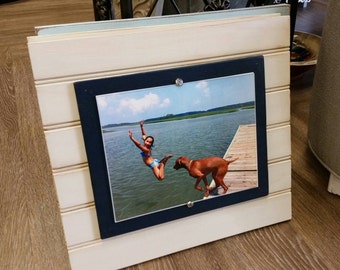 Handmade Beadboard Picture Frame - to hold 8x10 photo. Oyster White aged finish with a Navy Blue wood mat.