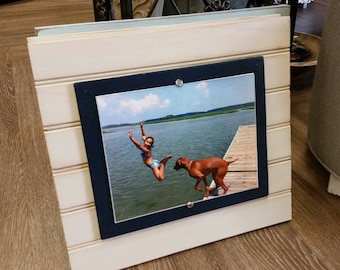 Handmade Beadboard Picture Frame - to hold 8x10 photo. Oyster White aged finish with a Navy Blue wood mat.