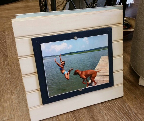 Handmade Beadboard Picture Frame: Oyster White & Navy, 8x10 Photo
