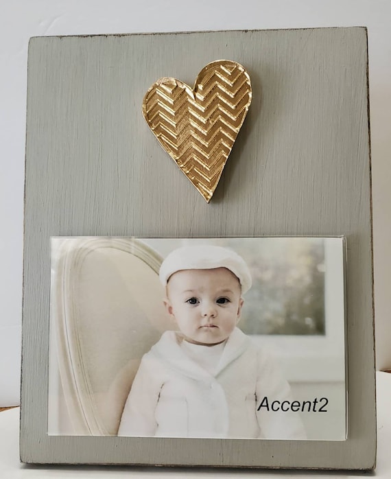 Handmade Wood Frame 4x6 Photo Painted Light Grey Distressed With A Gold Heart  - Baby Gift - Baptism - Gift - Love.