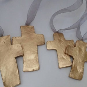 Gold Clay Hanging Cross Ornament: Handmade Blessing Gift Tag