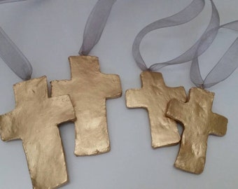 Gold Handmade Small Clay Hanging Cross - Ornaments Or Gift Tags - Blessing - Hostess Gift - Housewarming -A Thank You Happy