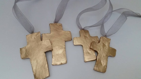 Gold Clay Hanging Cross Ornament: Handmade Blessing Gift Tag