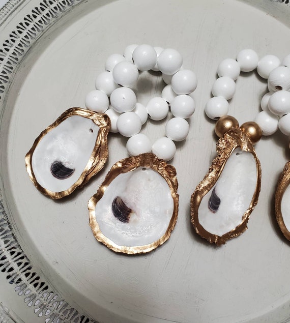 Oyster Shell With Gold Leaf - Beaded Napkin Ring-Hostess Gift - Housewarming -Coastal Chic - Table Setting