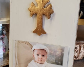 Gold Gilded Cross Wood Frame 4x6 Photo Painted Distessed Oyster White Christening Baby Weddings Gift