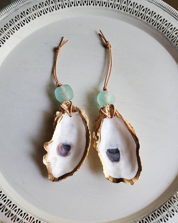 Gold Leaf Oyster Shell Ornament: Recycled Glass Bead, Handmade