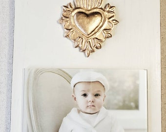 Handmade Wood Frame Painted Oyster White Distressed With A Gold Leaf Sacred Heart  Wedding - Baby - Baptism - House Warming Gift - Valentine