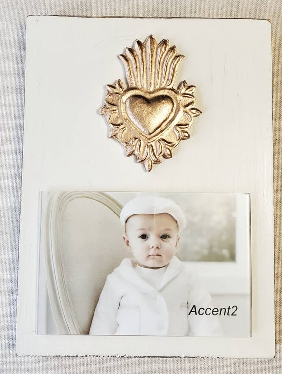 Handmade Distressed Wood Picture Frame: Oyster White, Gold Sacred Heart