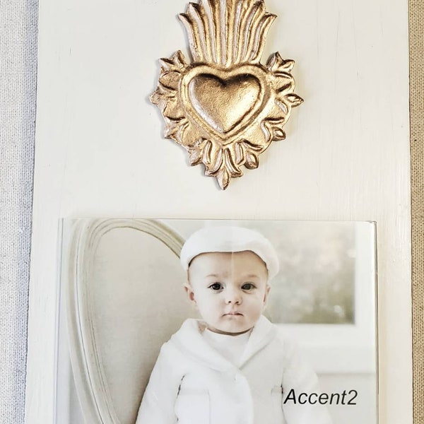 Handmade Wood Frame Painted Oyster White Distressed With A Gold Leaf Sacred Heart  Wedding - Baby - Baptism - House Warming Gift - Valentine