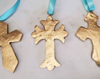 Cross Gold Leaf Handmade Clay Hanging Cross - Ornaments Or Gift Tags - Blessing - Hostess Gift - Housewarming -A Thank You Happy