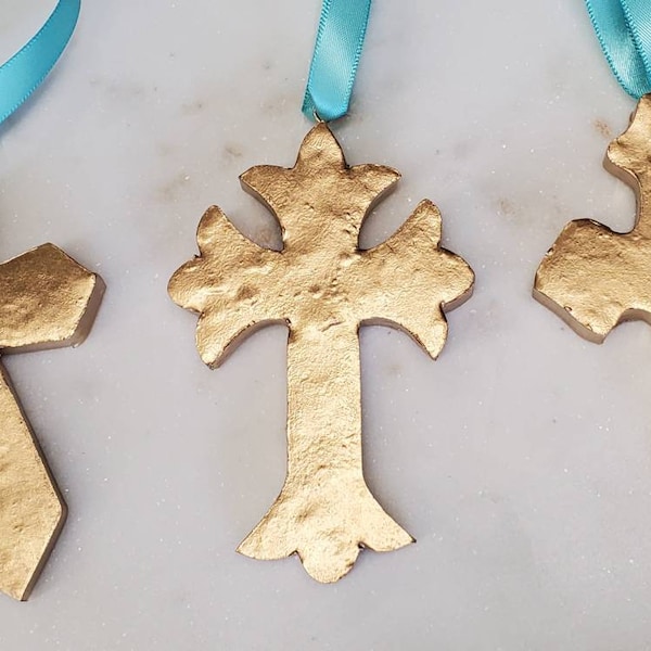 Cross Gold Leaf Handmade Clay Hanging Cross - Ornaments Or Gift Tags - Blessing - Hostess Gift - Housewarming -A Thank You Happy