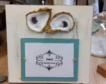 Two Oysters With Gold Leaf on Handmade Wood Picture Frame - Painted and Distressed Old White - Coastal - Gift - Beach.