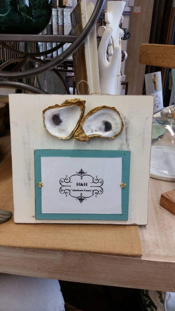 Oyster Shell Picture Frame: Gold Leaf, Distressed White Wood, Coastal Decor