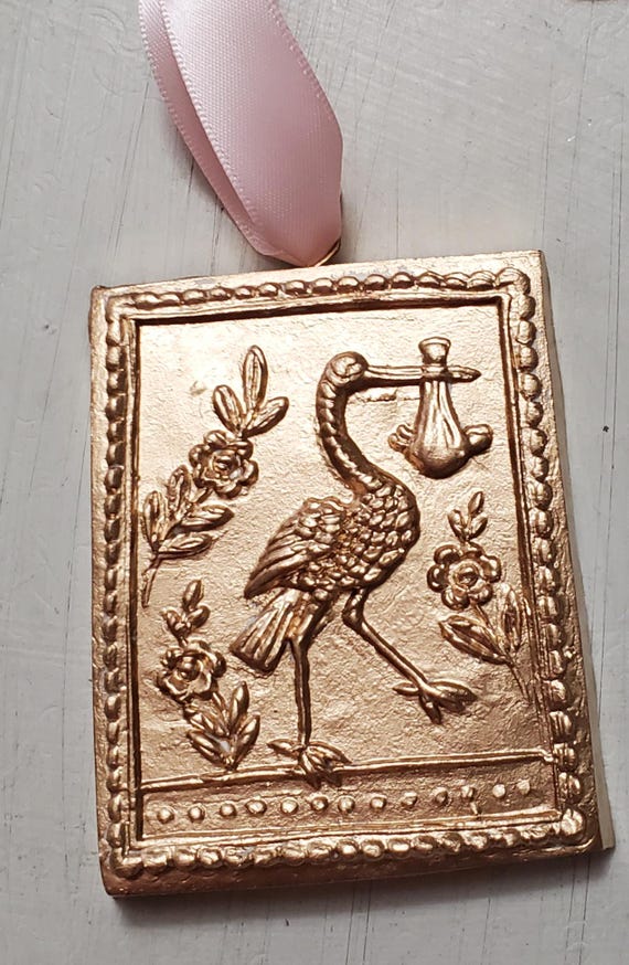 Gold Leaf Handmade Stork Delivering Baby Ornament Hanging - Christmas Gift -Baby Shower - Blessing - Baby Gift - Gender Reveal.