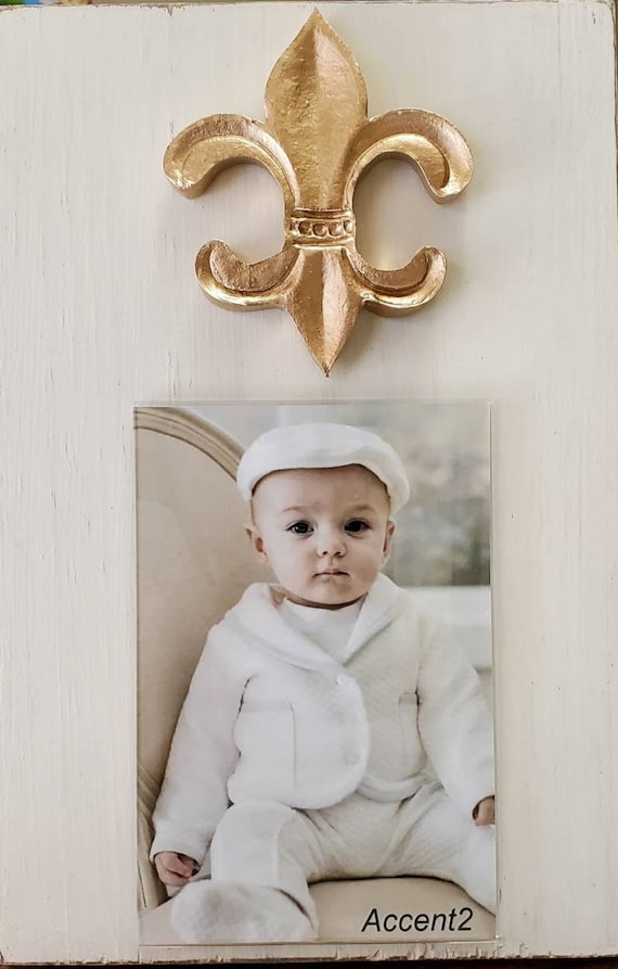 Handmade Wood Frame 4x6 Photo Painted Off White Distressed With A Gold Clay Crown or Other Design  - Wedding - Baby - Baptism - Mardi Gras