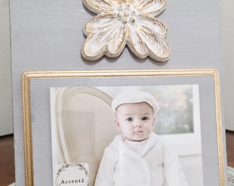 Handmade Wood Picture Frame: Gray, Gold Leaf Accents On A Distressed Flower Deco with Gold Leaf Edges Holds A 5x7 Photo