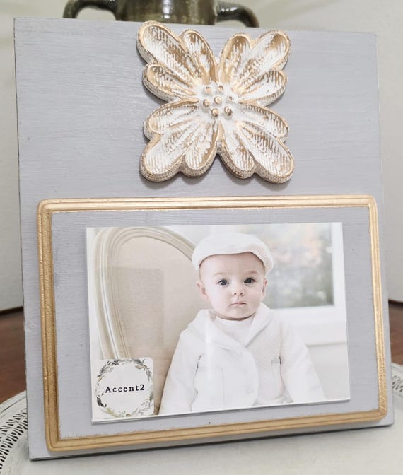 Handmade Wood Picture Frame: Gray, Gold Leaf Accents On A Distressed Flower Deco with Gold Leaf Edges Holds A 5x7 Photo