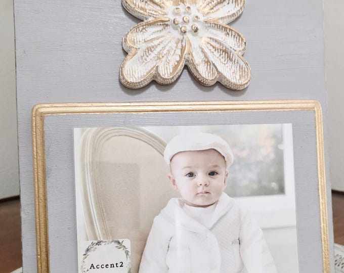 Featured listing image: Handmade Wood Picture Frame: Gray, Gold Leaf Accents On A Distressed Flower Deco with Gold Leaf Edges Holds A 5x7 Photo
