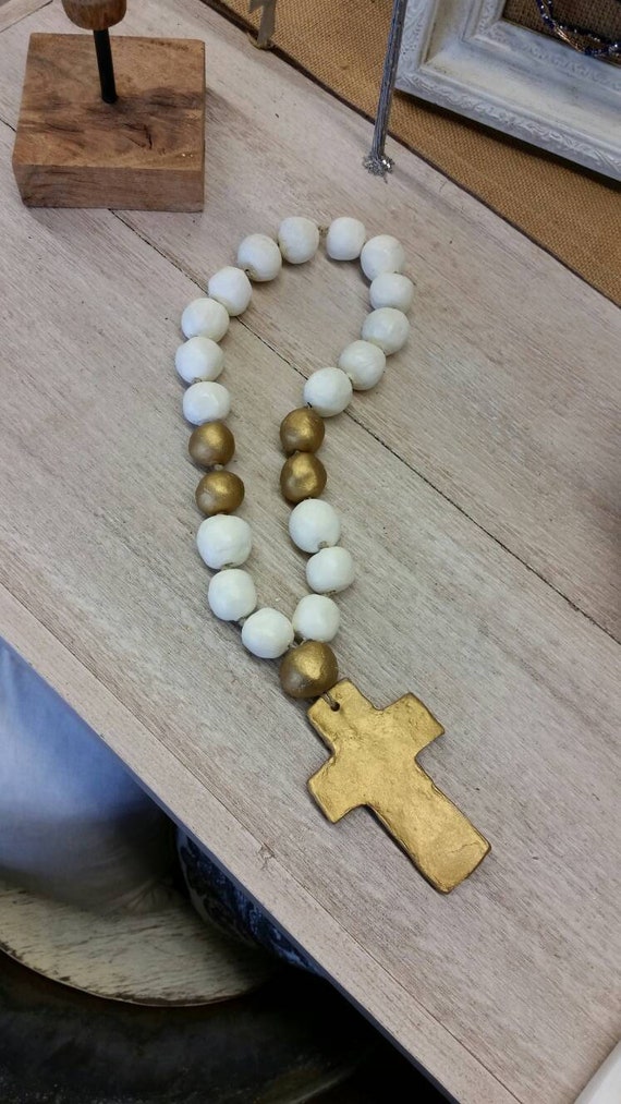 Handmade Clay Blessing Beads with Gold Leaf Cross - 13"