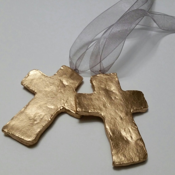 Gold Handmade Clay Cross Ornament: Blessing Gift Tag