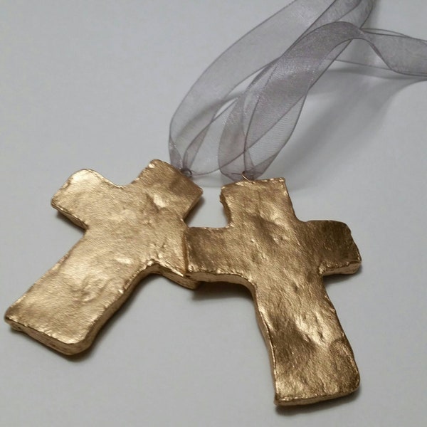 Gold Handmade Small Clay Hanging Cross - Ornaments Or Gift Tags - Blessing - Hostess Gift - Housewarming