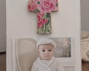 Large Red Pink And Gold Flower Cross Frame 5x7 Photo Frame Painted Oyster White Distessed - Baby Gift- Wedding- Birthday- Hostess