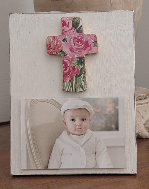 Large Red Pink And Gold Flower Cross Frame 4x6 Photo Frame Painted Oyster White Distressed - Baby Gift- Wedding- Birthday- Hostess
