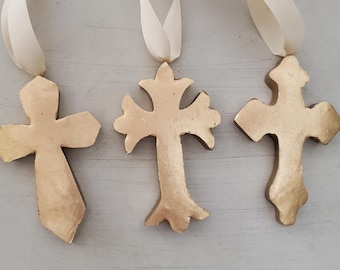 Gold Leaf Clay Cross Ornament: Handmade Blessing Gift Tag