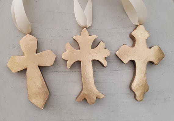 Gold Leaf Clay Cross Ornament: Handmade Blessing Gift Tag