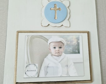 Handmade Distressed Wood Picture Frame: Oyster White, Blue Intaglio with Gold Leaf Cross on Shaped Tile with Gold Edges 5x7 Photo