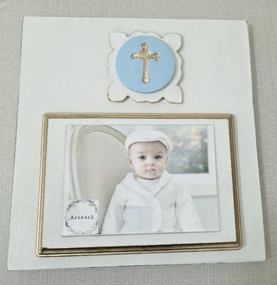 Handmade Distressed Wood Picture Frame: Oyster White, Blue Or Pink Intaglio with Gold Leaf Cross on Shaped Tile with Gold Edges 5x7 Photo